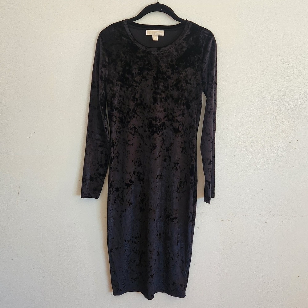 Micheal Kors Crushed Velvet Long Sleeve Bodycon Midi Dress Medium Black Crewneck